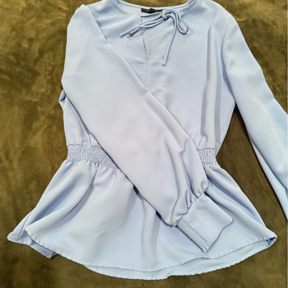 Alfani Women's Soft Blue Chiffon Long Sleeve Smoked Peplum Top
